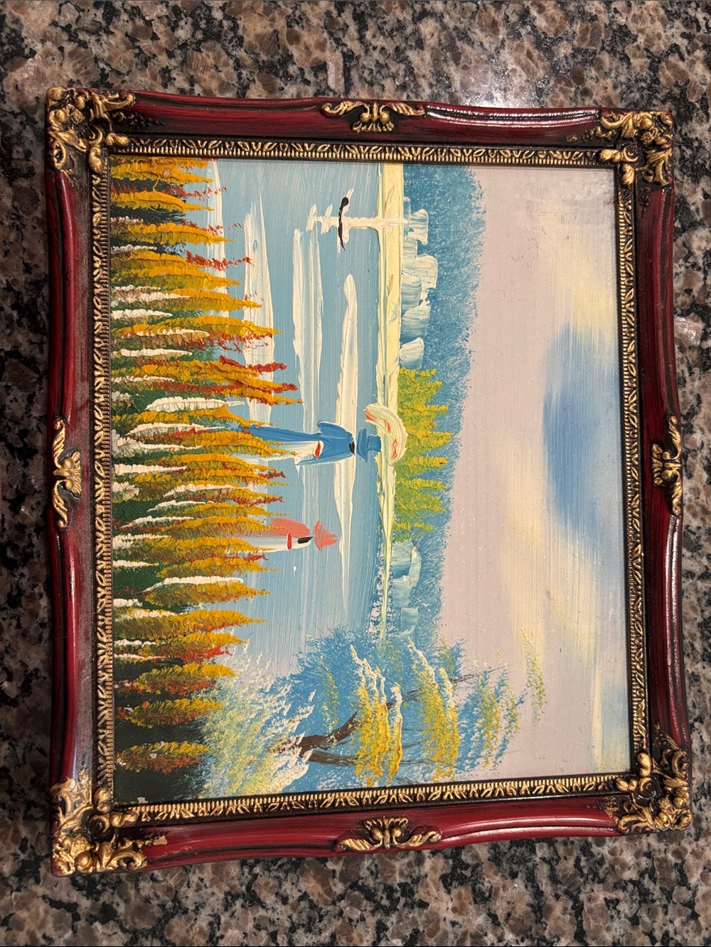 Framed OIL PAINTING Martha's Vineyard Cape Cod Sunset Lake Woman Girl Boat - Picture 5 of 8
